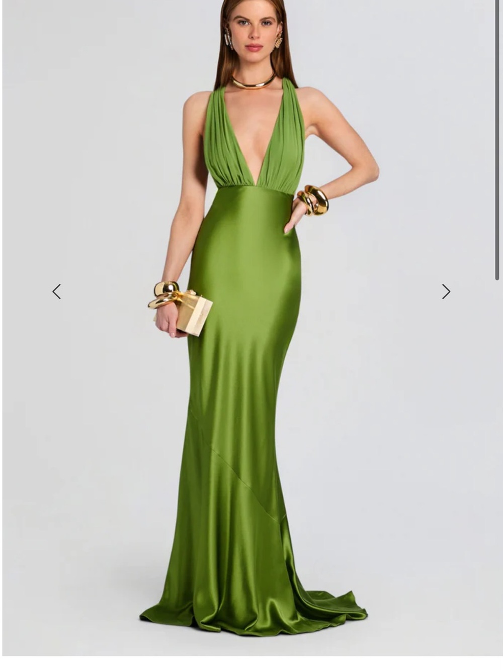 Retrofete Olive Green Satin Plunge Halter Maxi Gown